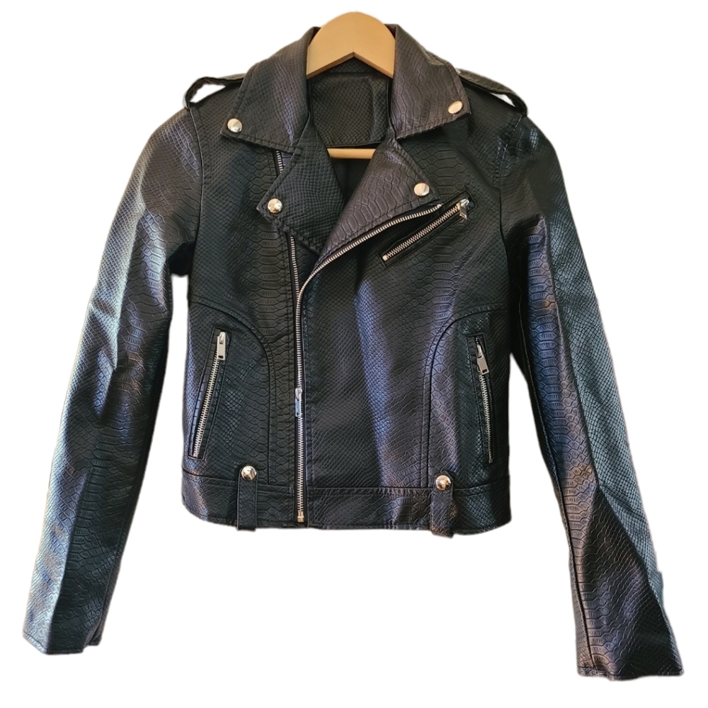 Black Motorcycle Jacket, Faux Leather, Size Small